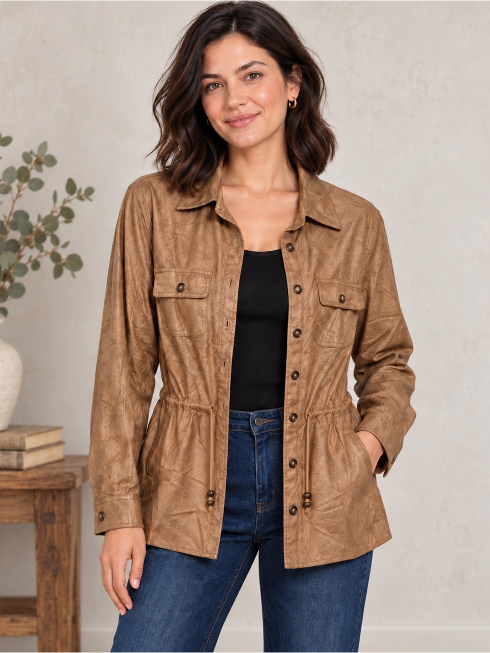 Vintage 90s Embossed Faux Leather Safari Jacket Drawstring Waist Petite L